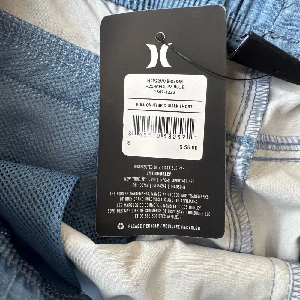 Hurley Medium Blue Pull On String Elastic Waist Hybrid Walk Shorts SZ S #2503